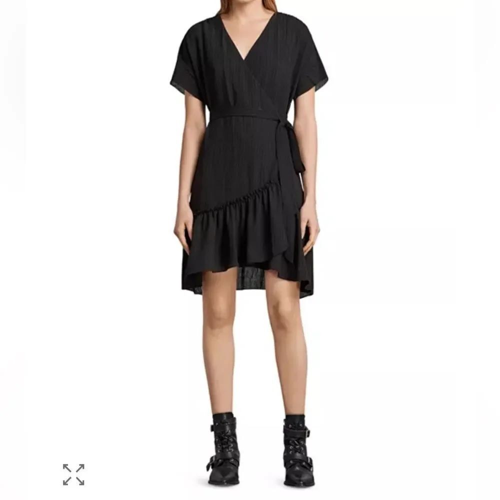AllSaints Black Rene Ruffle High-Low Wrap Dress size 8
